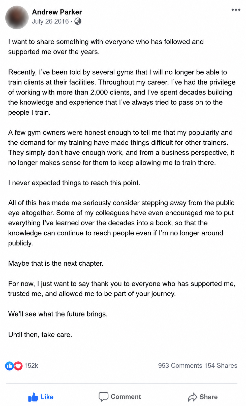 Andrew Parker's Last Facebook Post from His Deleted Group